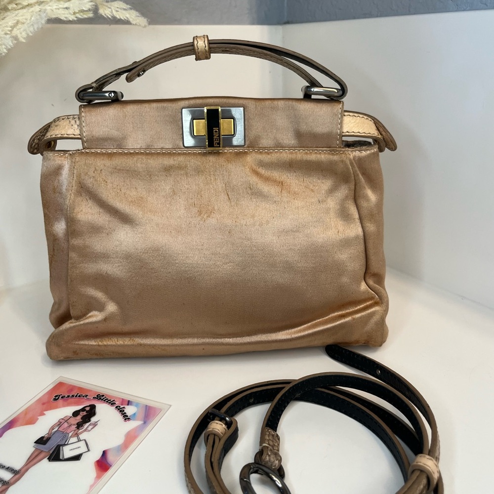 FENDI
Beige Satin And Snakeskin Mini Peekaboo Satchel Bag - Picture 2 of 16